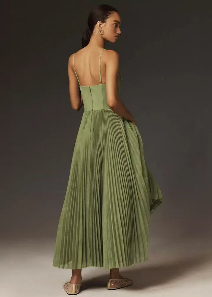 Pleated Midi Corset Dress Synthetic Fabric Green