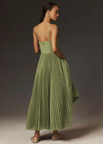 Pleated Midi Corset Dress Synthetic Fabric Green