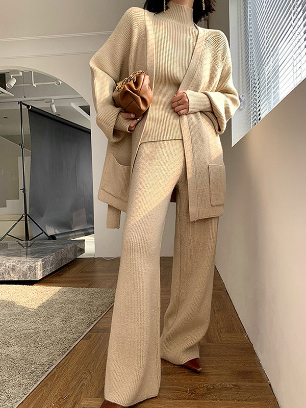 Wide Leg Belted Pockets Solid Color High-Neck Cardigan&Sweater Tops&Pants Suits