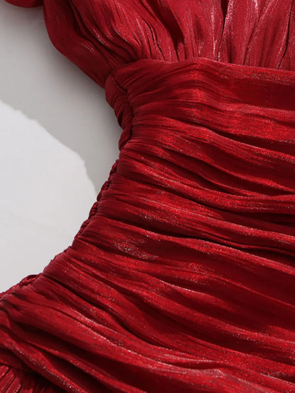 Alessandra Satin Puff-Sleeve Tiered Mini Dress in Red