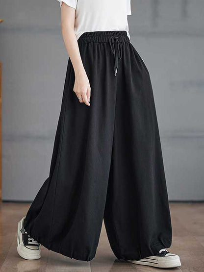 High Waisted Loose Drawstring Elasticity Pleated Pockets Culotte Knickerbockers