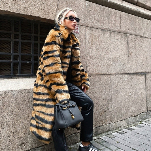 Faux Fur Tiger Print Long Coat Loose Light Luxury