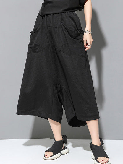 Simple Loose Wide Leg Solid Color Casual Three-Quarter Pants Bottoms