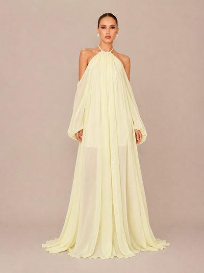 Magdalena Loose Long-Sleeve Halter Maxi Dress