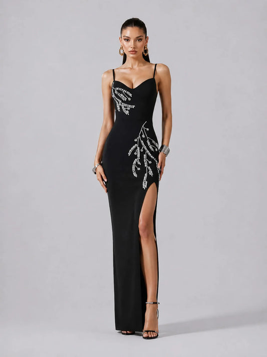 Sabrina Spaghetti Strap V Neck Leaf Rhinestone High Slit Bandage Maxi Dress