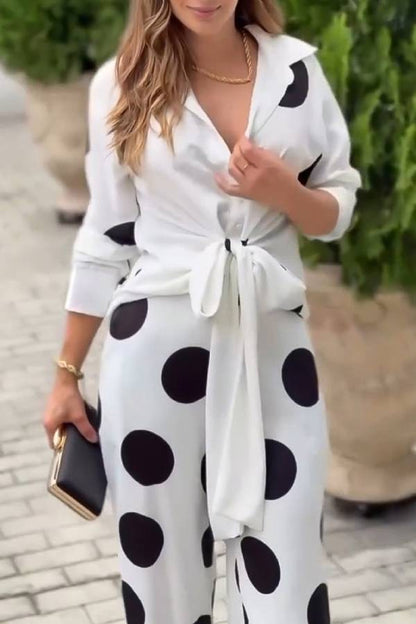 Fashion Lapel Long-sleeved Tie Waist Shirt and Casual Polka Dot Print Wide-leg Pants Set