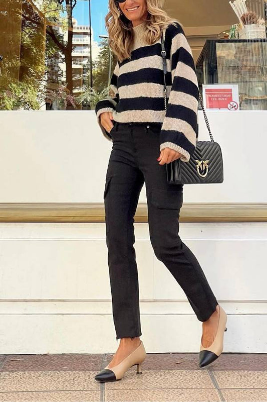 Black and white wide striped high-neck loose knit sweater
