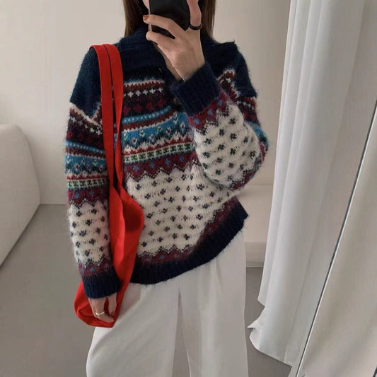 Fair Isle Christmas Sweater Women's Polo Neck Knitwear