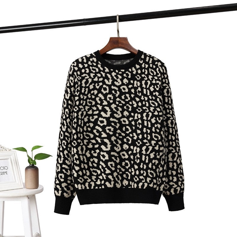 Leopard Jacquard Contrast Loose Sweater