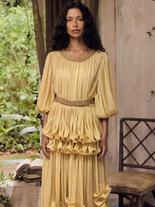 Eloisa Puff-Sleeve Ruffled Maxi Dress
