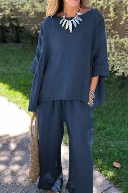 Casual Solid Color Loose Top \u0026 Pants Cotton Linen Two-piece Set