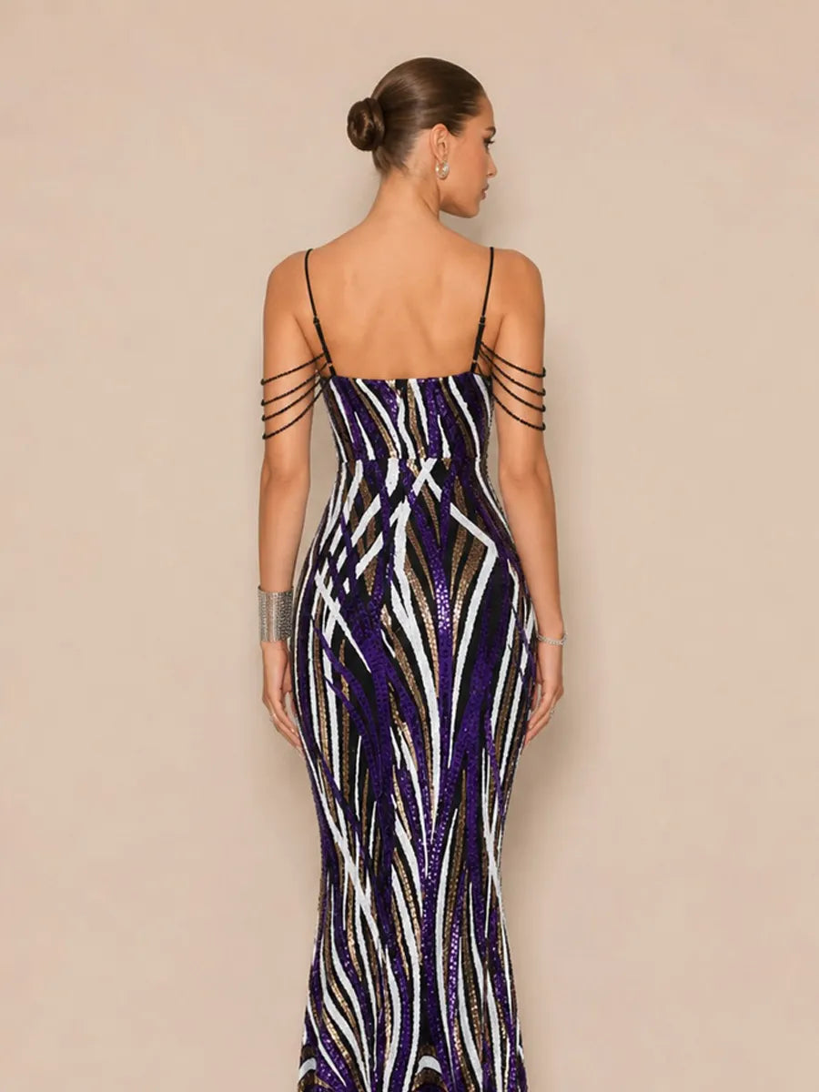 Abrielle Chic Contour V Neck Sequin Stripe Purple Maxi Dress