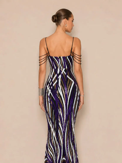 Abrielle Chic Contour V Neck Sequin Stripe Purple Maxi Dress