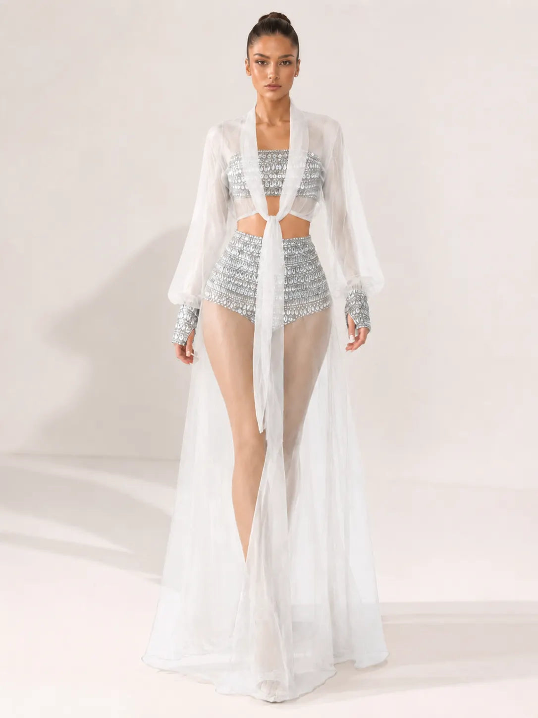 Celestia Rhinestone Sheer Mesh Three-Piece Set