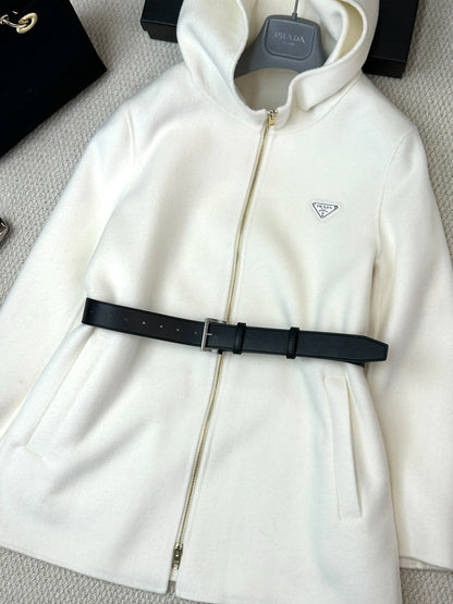Prada 25 Mid-length Hooded Coat White Black Wool 637352
