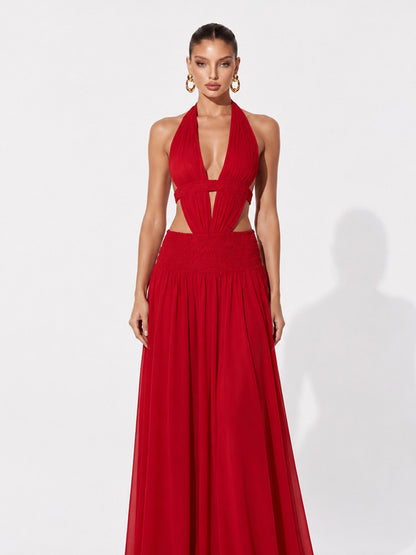 Olivia Pleated Halter-Neck Maxi Dress with Ties
