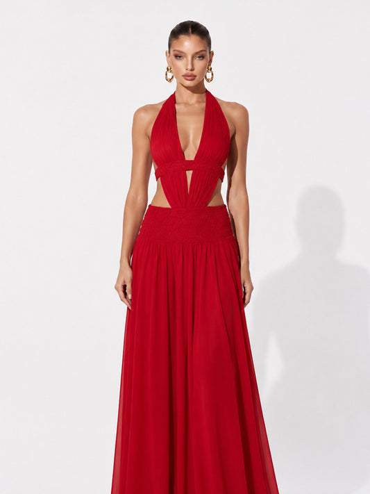 Olivia Pleated Halter-Neck Maxi Dress with Ties