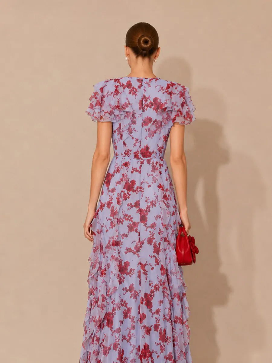 Lilith V-Neck Printed Chiffon Maxi Dress with Ruffle Detail