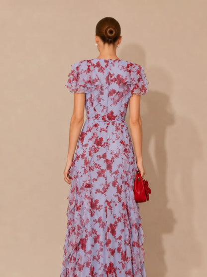 Lilith V-Neck Printed Chiffon Maxi Dress with Ruffle Detail