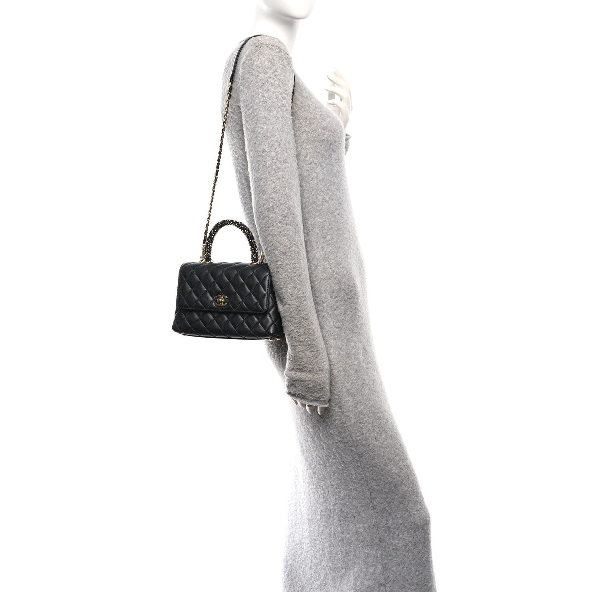 Calfskin Strass Quilted Mini Coco Handle Flap Dark Silver