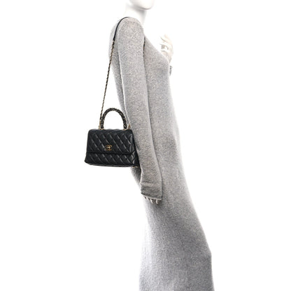 Calfskin Strass Quilted Mini Coco Handle Flap Dark Silver