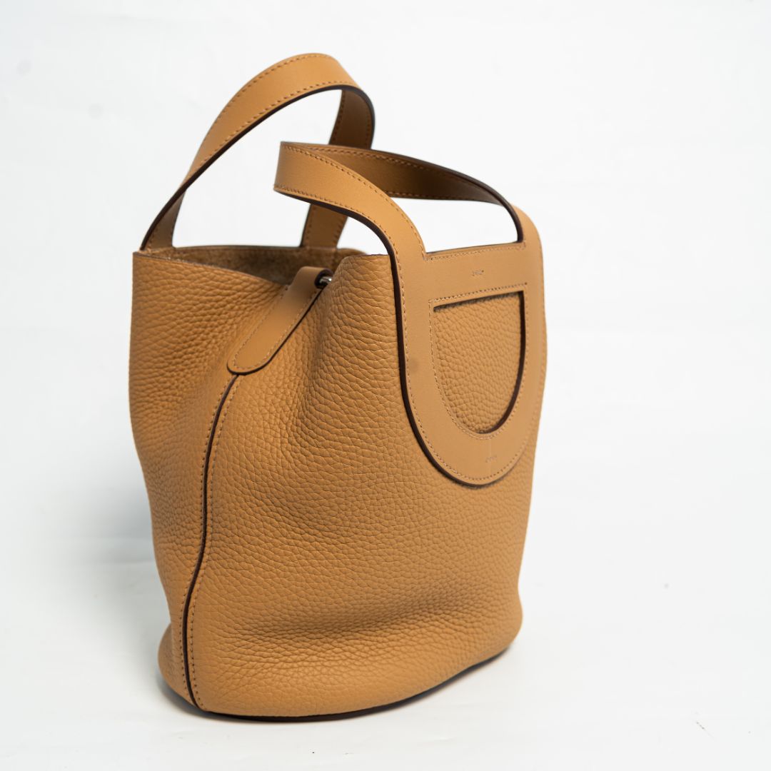Hermès In The Loop 18 Bag in  Clemence Taurillon Laiton Paladium Biscuit