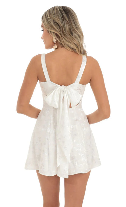 Floral Jacquard A-Line Dress in White