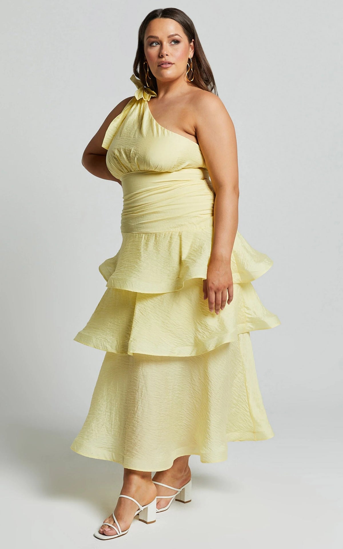 Eugenia Midi Dress - One Shoulder Fit and Flare Layered Dress in Yellow