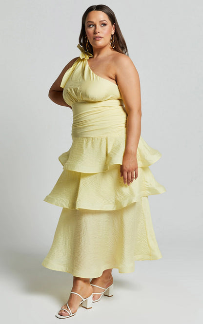 Eugenia Midi Dress - One Shoulder Fit and Flare Layered Dress in Yellow