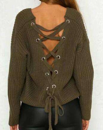 Fashion Solid Color V-Neck Halterback Bandage Sweater Tops