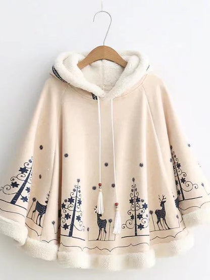 Xmas Women Loose Cloak Type Tassel Lace Up Hoodies Jackets Bohemian Christmas Print Cape Coat 2017 New