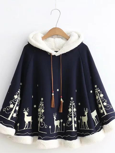 Xmas Women Loose Cloak Type Tassel Lace Up Hoodies Jackets Bohemian Christmas Print Cape Coat 2017 New