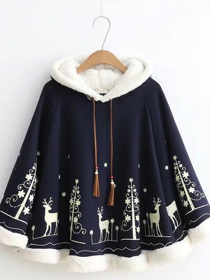 Xmas Women Loose Cloak Type Tassel Lace Up Hoodies Jackets Bohemian Christmas Print Cape Coat 2017 New