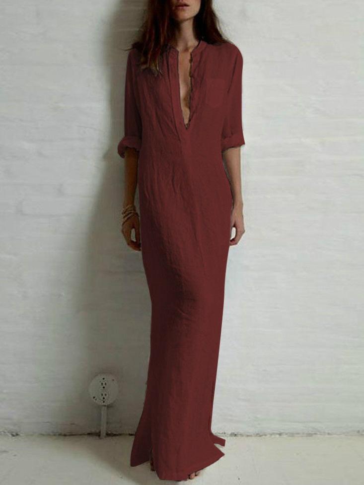 Solid Color Split-Side Stand Collar Maxi Dress