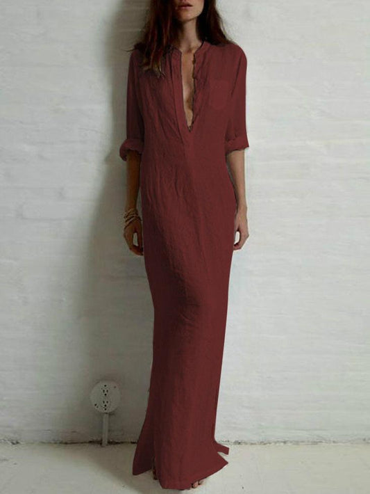 Solid Color Split-Side Stand Collar Maxi Dress