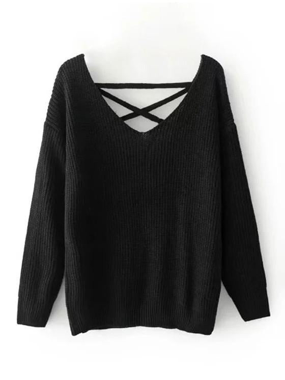 Fashion Solid Color V-Neck Halterback Bandage Sweater Tops