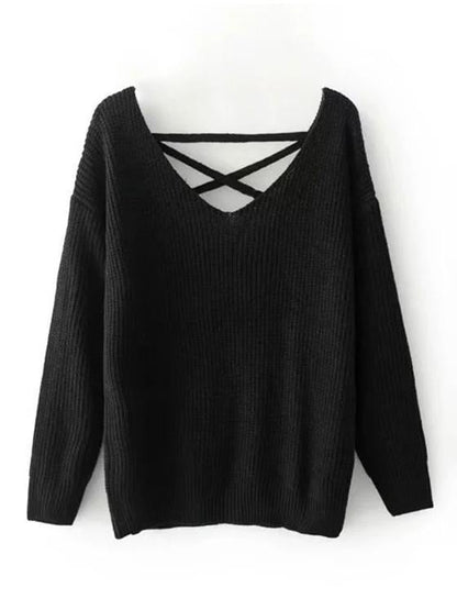 Fashion Solid Color V-Neck Halterback Bandage Sweater Tops