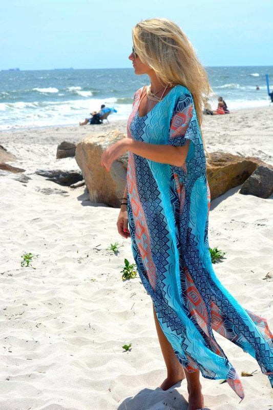 2018 New Chiffon Print Short Sleeve Plus Size Beach Maxi Dress