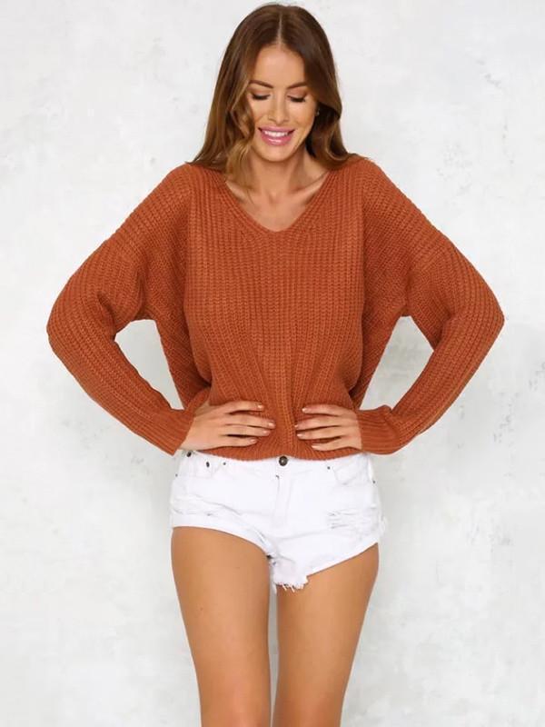 Fashion Solid Color V-Neck Halterback Bandage Sweater Tops