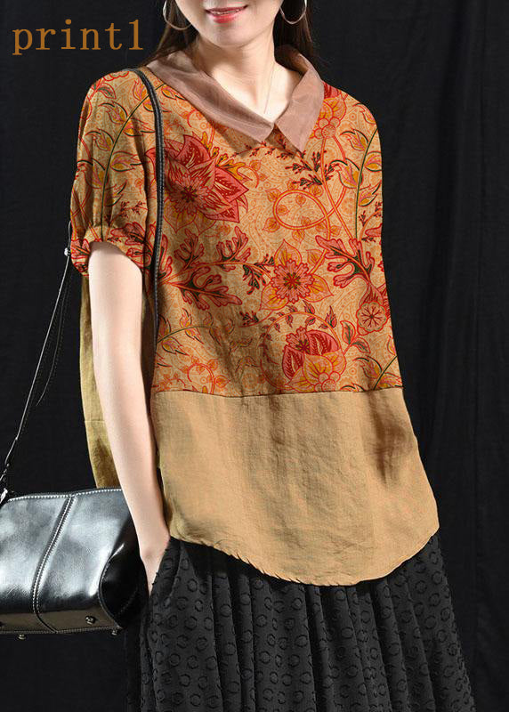 Bohemian Mulberry Patchwork Turn-down Collar Summer Linen Shirt Top