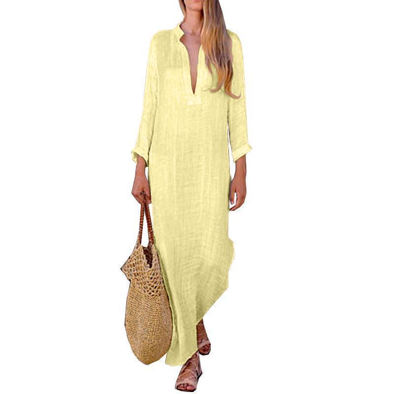 Solid Color V Neck Long Sleeve Casual Maxi Dress