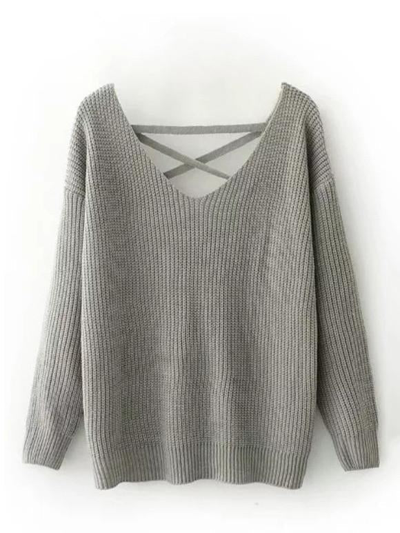 Fashion Solid Color V-Neck Halterback Bandage Sweater Tops
