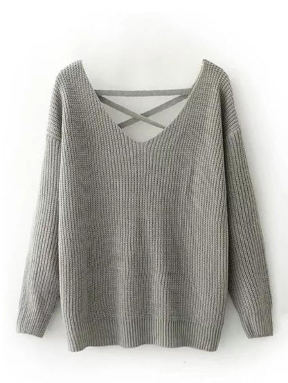 Fashion Solid Color V-Neck Halterback Bandage Sweater Tops