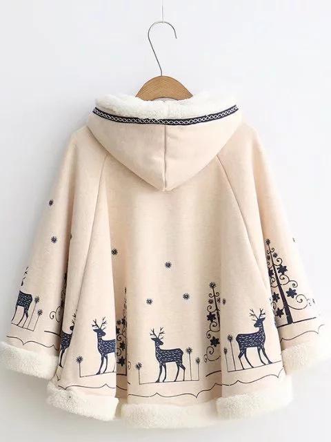 Xmas Women Loose Cloak Type Tassel Lace Up Hoodies Jackets Bohemian Christmas Print Cape Coat 2017 New