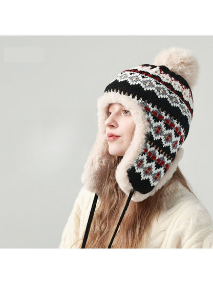 Haila - Jacquard Patterned Fleece-Lined Knitted Beanie with Earflaps