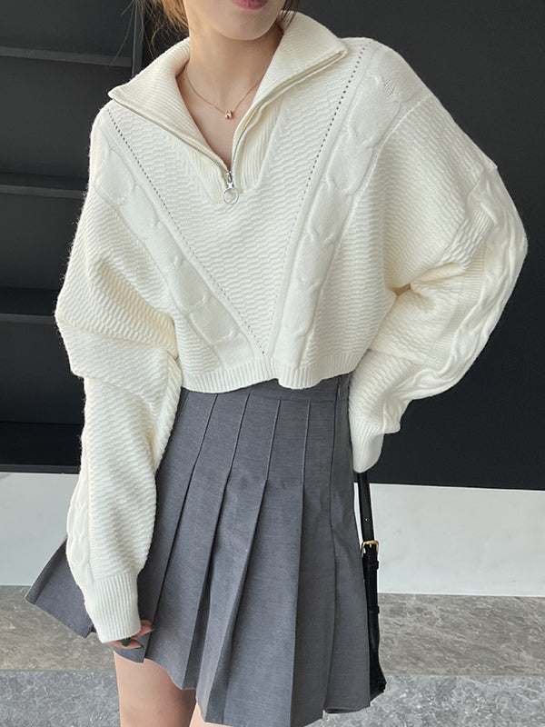 Simple Batwing Sleeves Long Sleeves Jacquard Solid Color Lapel Collar Sweater Tops