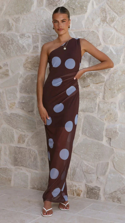 Cataleya Mesh Maxi Dress - Brown / Blue Polka Dot