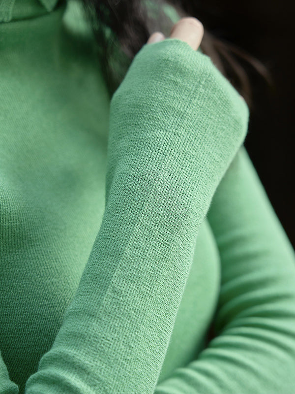 Korean-Style Long Sleeves Solid Color High-Neck Sweater Tops