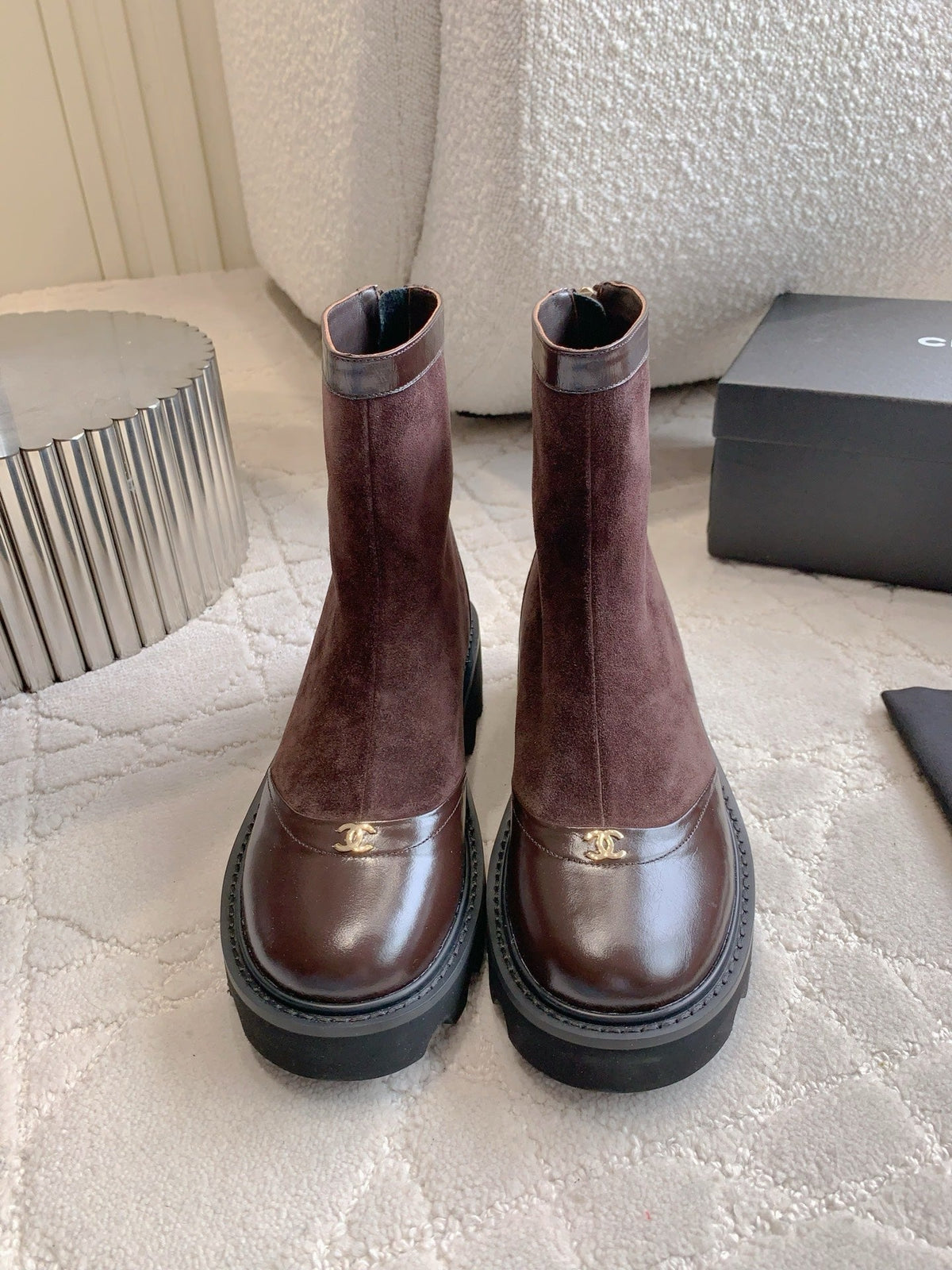 CC New Platform Ankle Boots Dark Burgundy Suede Glossy Sheepskin