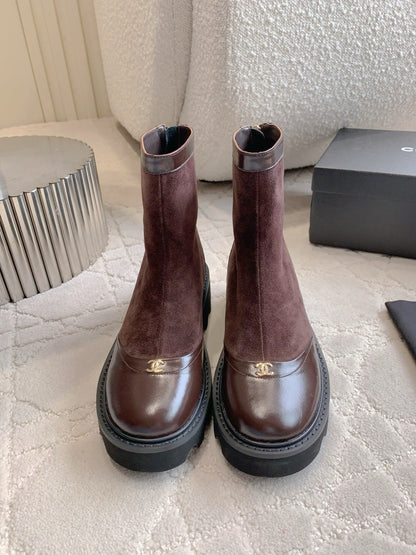 CC New Platform Ankle Boots Dark Burgundy Suede Glossy Sheepskin